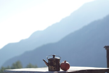 Breakfast in the morning in the mountains during a summer trip