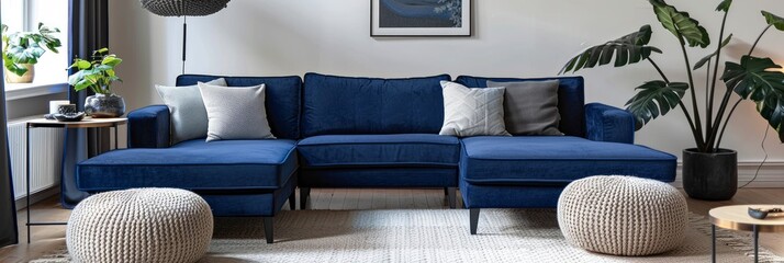 A navy blue corner sofa with grey cushions and two knitted beige footstools for a modern living room - obrazy, fototapety, plakaty
