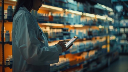Pharmacist Using Tablet in Pharmacy - Powered by Adobe
