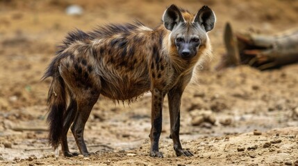Fototapeta premium Elusive Brown Hyena in the Desert of Africa - Capturing an Elusive Animal in the Sand Dunes
