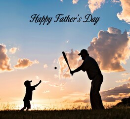 An adult playing baseball with his son in shadow on a dusk sky. Black text is written with big words that say Happy Fathers Day.