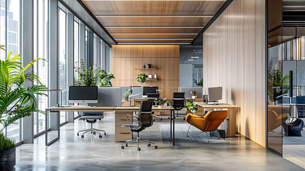 The interior of a corner executive office featuring a glass-top desk, contemporary leather seating, and curated decor, with natural light streaming in through large windows, against a backdrop of mode