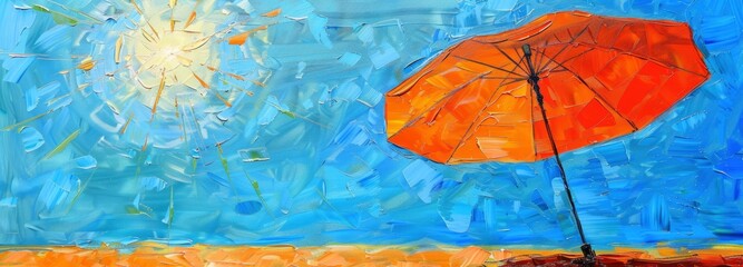 A vibrant orange umbrella with the sun shining brightly in the background, symbolizing summer and beach activities in front of a blue sky.