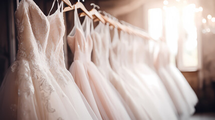 A row of wedding dresses hanging on the lingerie rack in the store