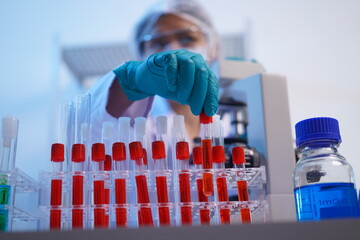 Science test tubes, laboratory equipment for new medical research, microbiology research with small...