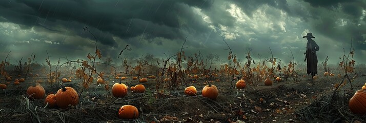 Abandoned Pumpkin Patch with Ominous Scarecrow Overlooking Rotting Jack O Lanterns and Withered Vines under Gloomy Clouded Sky