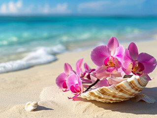Bouquet of tropical pink orchid flowers 
in vase from seashell on sandy beach of ocean shore
in Maldives. Piece of paradise.