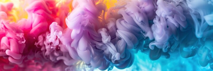Closeup of colorful smoke in water against a bright color background, with colorful ink of rainbow
