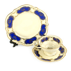 Vintage porcelain cups and saucer isolated on white. - 799258770