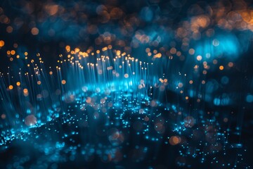 Blue fiber optics close-up with data traveling at the speed of light