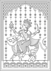 Vibrant Kalamkari Art: illustration of Goddess Durga, Indian Countryside - Rural Life Bliss. Illustration, Vector, Drawing. Subh Navratri Indian religious header banner background
