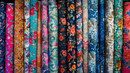 Bright and Colourful Fabric Bolts at Grand Bazaar, Istanbul, Turkey. Blue Background Adds Texture