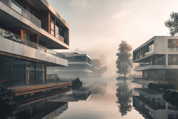 The tranquil beauty of a European apartment complex is magnified in a misty morning, showcasing its sleek, nature-integrated design.