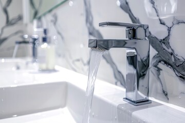 Modern faucet with water flowing in the bathroom.