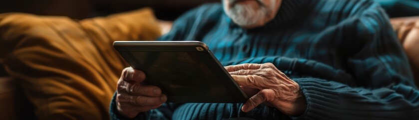 An elderly man reads an e-book on a tablet, with a focus on the screen displaying adjustable text size for accessibility