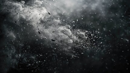 Flying Debris and Dust on Black Background. Isolated Burst of Dirt with a White Overlay
