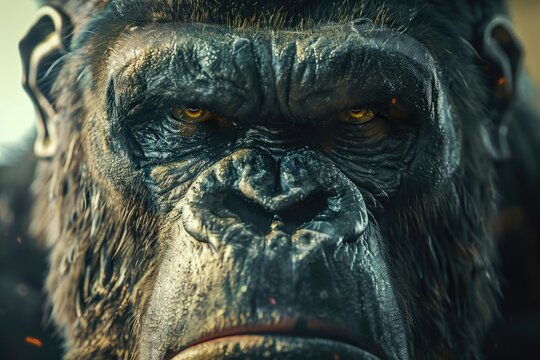 Futuristic Closeup of Angry Gorilla Face Looking Dangerously at Camera