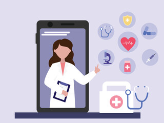 Smart Doctor giving consultation and advice online through video call and Medical Application. online doctor service. flat vector of Healthcare service.