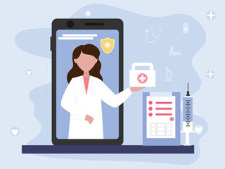 Smart Doctor giving consultation and advice online through video call and Medical Application. online doctor service. flat vector of Healthcare service.