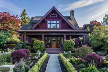 Fototapeta na wymiar The elegant frontage of a deep maroon craftsman cottage style house, featuring a triple pitched roof, tastefully designed landscaping, a welcoming walkway, 