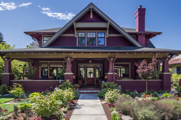 The elegant frontage of a deep maroon craftsman cottage style house, featuring a triple pitched roof, tastefully designed landscaping, a welcoming walkway - obrazy, fototapety, plakaty