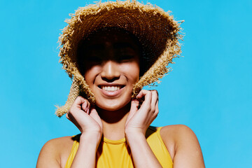 Woman black yellow summer swimsuit fun beauty trendy fashion hat smile portrait