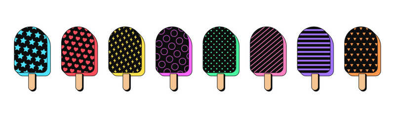 Isolated retro black  popsicle icon set, vector stickers. Fruit ice cream, frozen juice with stick, summer lollipop bar. Textured 3D popsicle set, retro design elements for ads and pop party