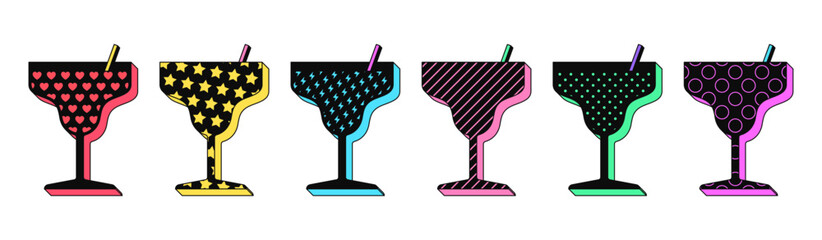 Isolated retro black cocktail icon set, vector stickers. Cocktail party, pattern glasses with juice or alcohol drink, summer bar. Textured 3D cocktail set, retro design elements for ads and pop party