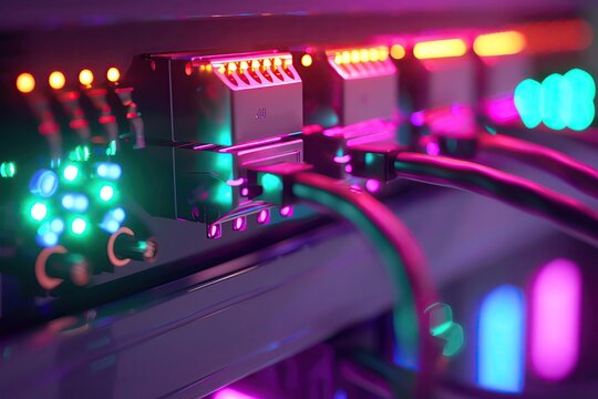 Detailed view of a network cable connected to a router, vibrant LED indicators