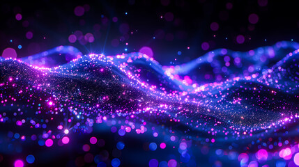 Sparkling particle waves with vibrant blue and pink bokeh lights