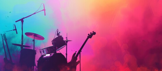 Silhouette of a music concert on stage with colorful smoke
