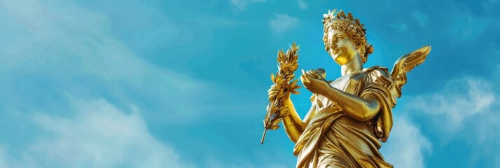 Fototapeta premium Golden Statue of Eirene, Goddess of Peace with Heart & Laurel Branch for Love