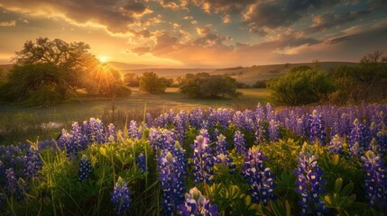 Beautiful Bluebonnet Field in Sunset at Muleshoe Bend. Colorful Blossoms of Bluebonnet