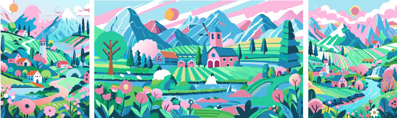 Rural landscape with church and houses, mountains in the background. Vibrant Vector art with textured brush strokes. Scenic countryside concept for design and print. Flat lay composition