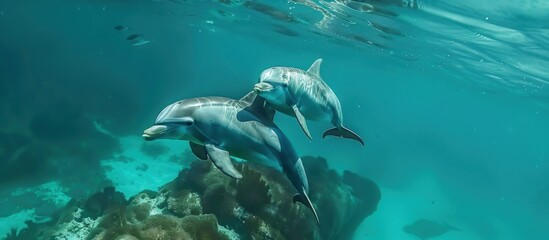 Dolphins swimming under clear sea water