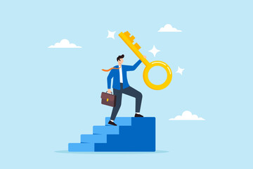 Victorious businessman ascends to the top of stairway lifting golden success key towards the sky. Concept of find secret key or achieve career targets