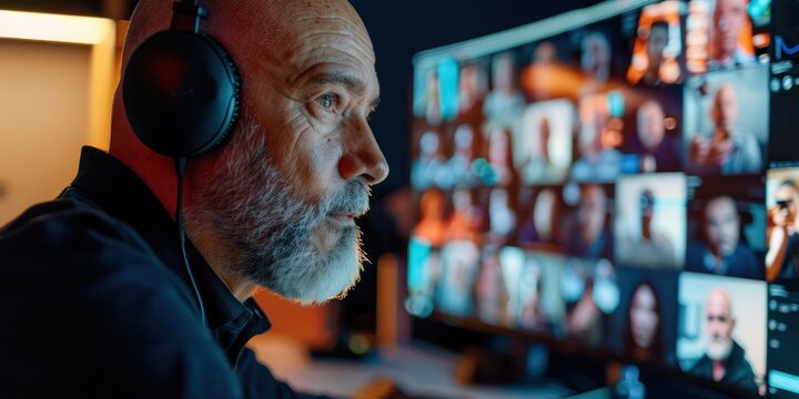 Medium shot of a corporate trainer hosting a live training session via video conferencing, with participants visible on a large monitor
