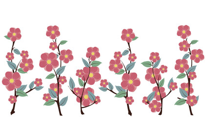 Branches with red large flowers and leaves on a white background. Vector illustration for postcard, cover, textile design