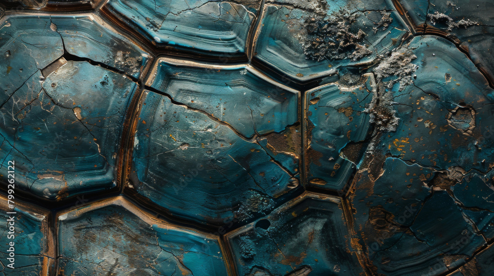 Poster detailed shot of a blue mineral surface with geometric patterns and textures