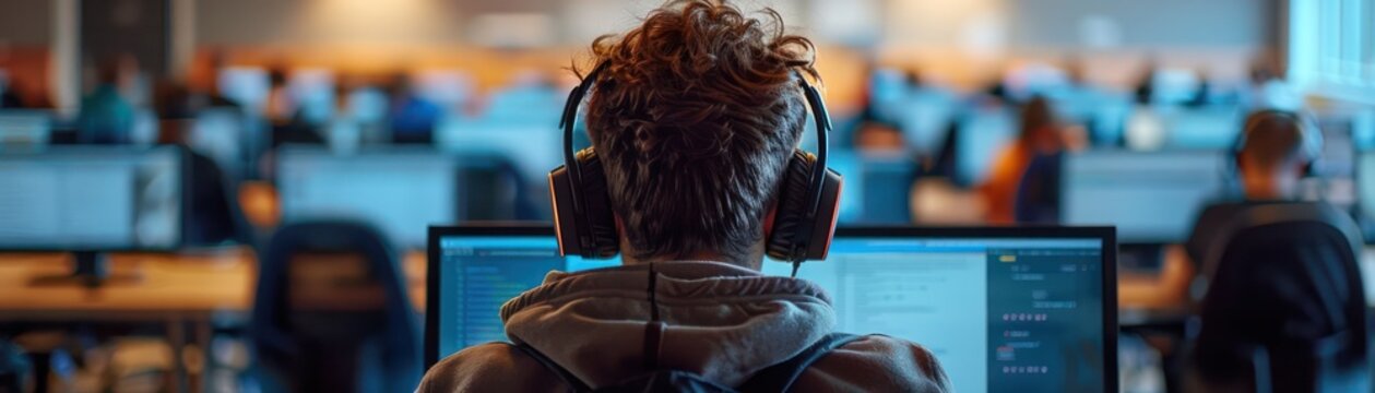 Medium shot of a student completing a secure online exam in a supervised computer lab, with privacy screens on monitors