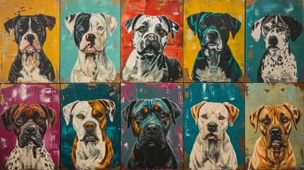 Artistic collection of dog paintings, each canvas featuring a different color palette, showcasing a variety of breeds