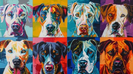 Artistic collection of dog paintings, each canvas featuring a different color palette, showcasing a variety of breeds