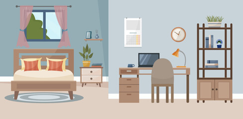 Interior of a bedroom and study. Cozy bedroom. Vector cartoon of a bright room with a double bed and a study.