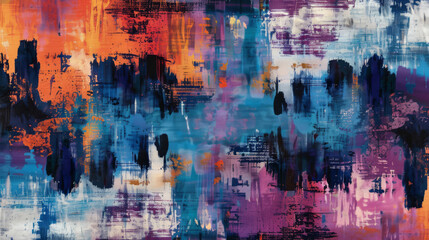 Vibrant textured painting with a mix of blue, orange, and purple brush strokes