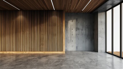 Modern Empty Room with Gray Slat Wall and Wooden Cabinet Generative AI