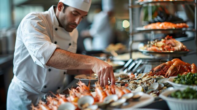 Chef crafting a gourmet seafood display, infusing elegance into a coastal-themed event