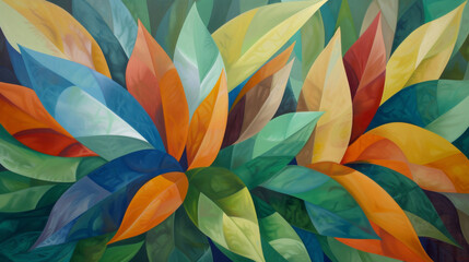 Vibrant abstract painting with colorful leaf-like patterns