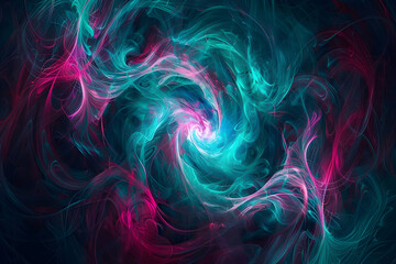 Radiant neon galaxy with swirling colors of teal and pink. Futuristic abstract artwork on black background.