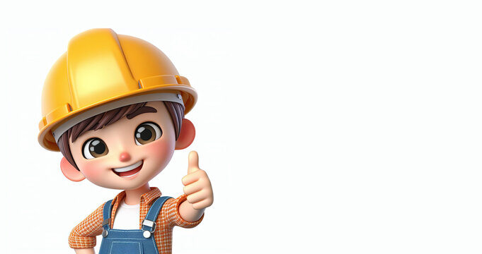 3D cartoon character of a smiling construction worker, isolated on white background with copy space