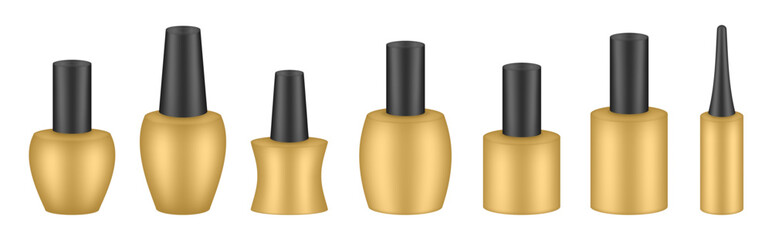 UV gel nail polish bottles. Set of black and gold bottles. Nail laquer or uv gel. Realistic packaging mockup. Manicure kit	